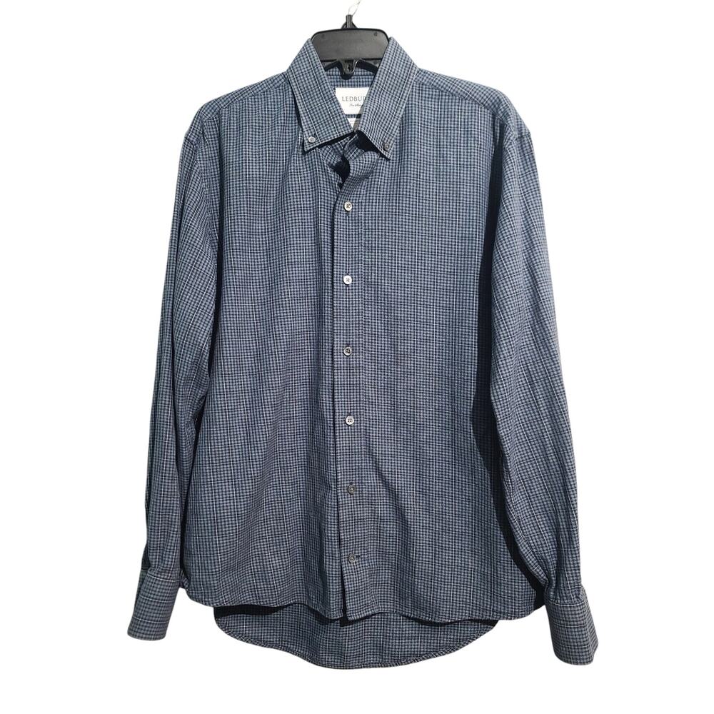 Ledbury Slim Fit Gingham Plaid Cotton Twill Button Shirt Large